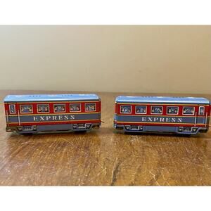 Vintage 2 Metal Tin Toy Train Express Cars Made in Japan
